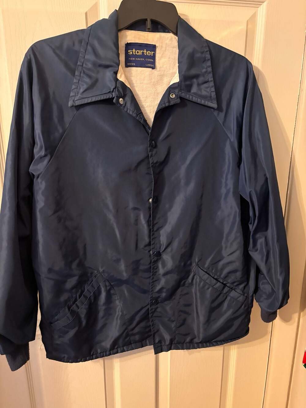 Vintage Starter New Haven Conn Navy Blue Snap Front Coach Jacket